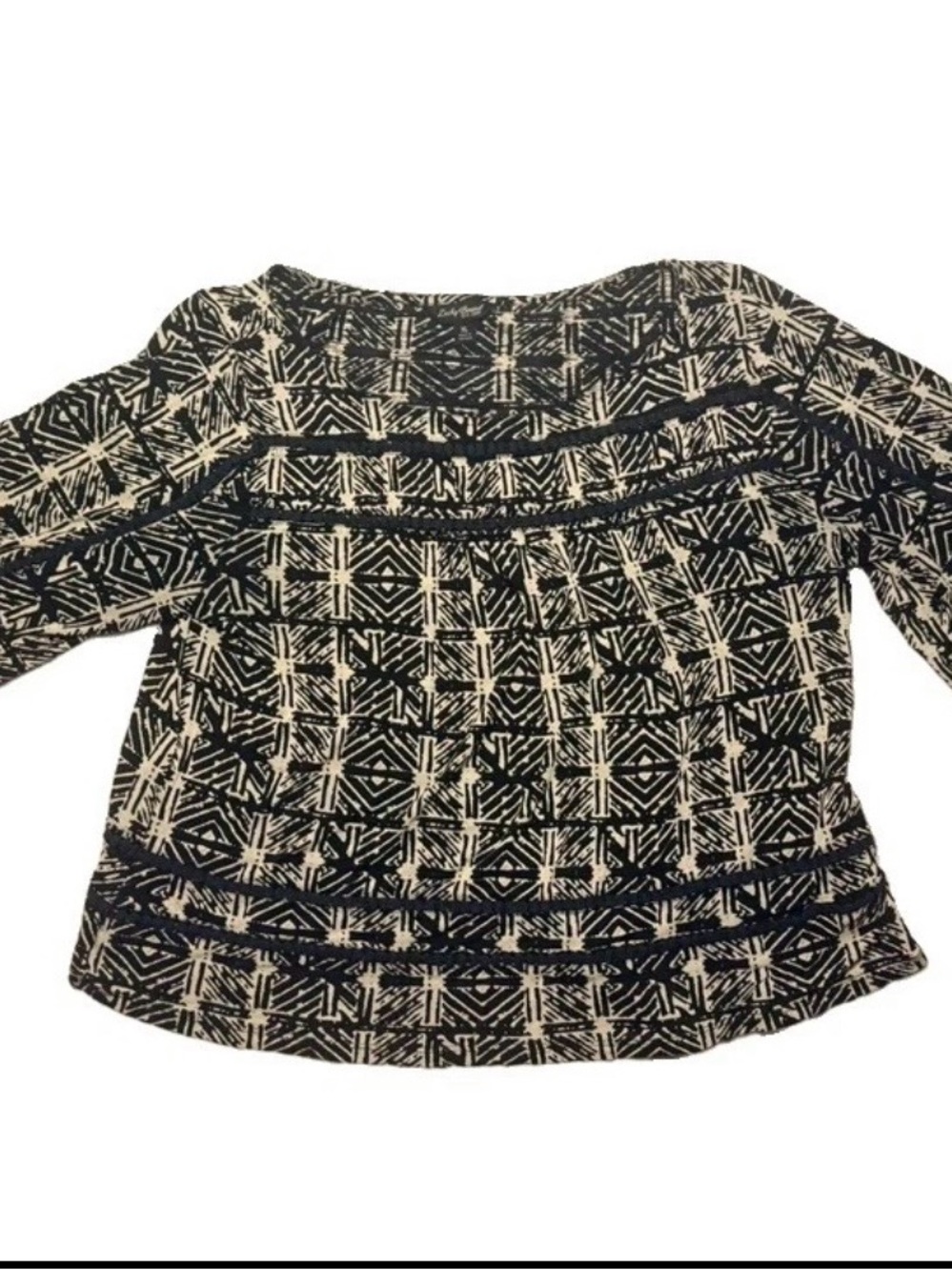 Lucky Brand Black and Cream Geometric Peasant Blouse